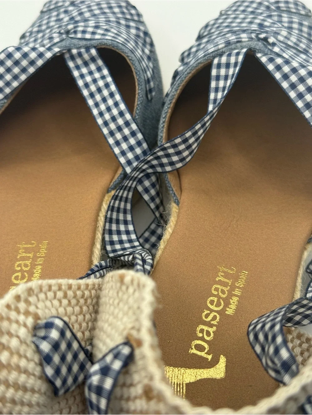 Paseart Denim Espadrille Wedge Sandals Blue Gingham Lace-Up Ankle Tie Platform